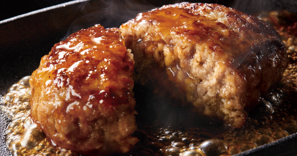 本格ハンバーグ】 低温でも本格的な焙煎風味の付与、大豆ミート商品で