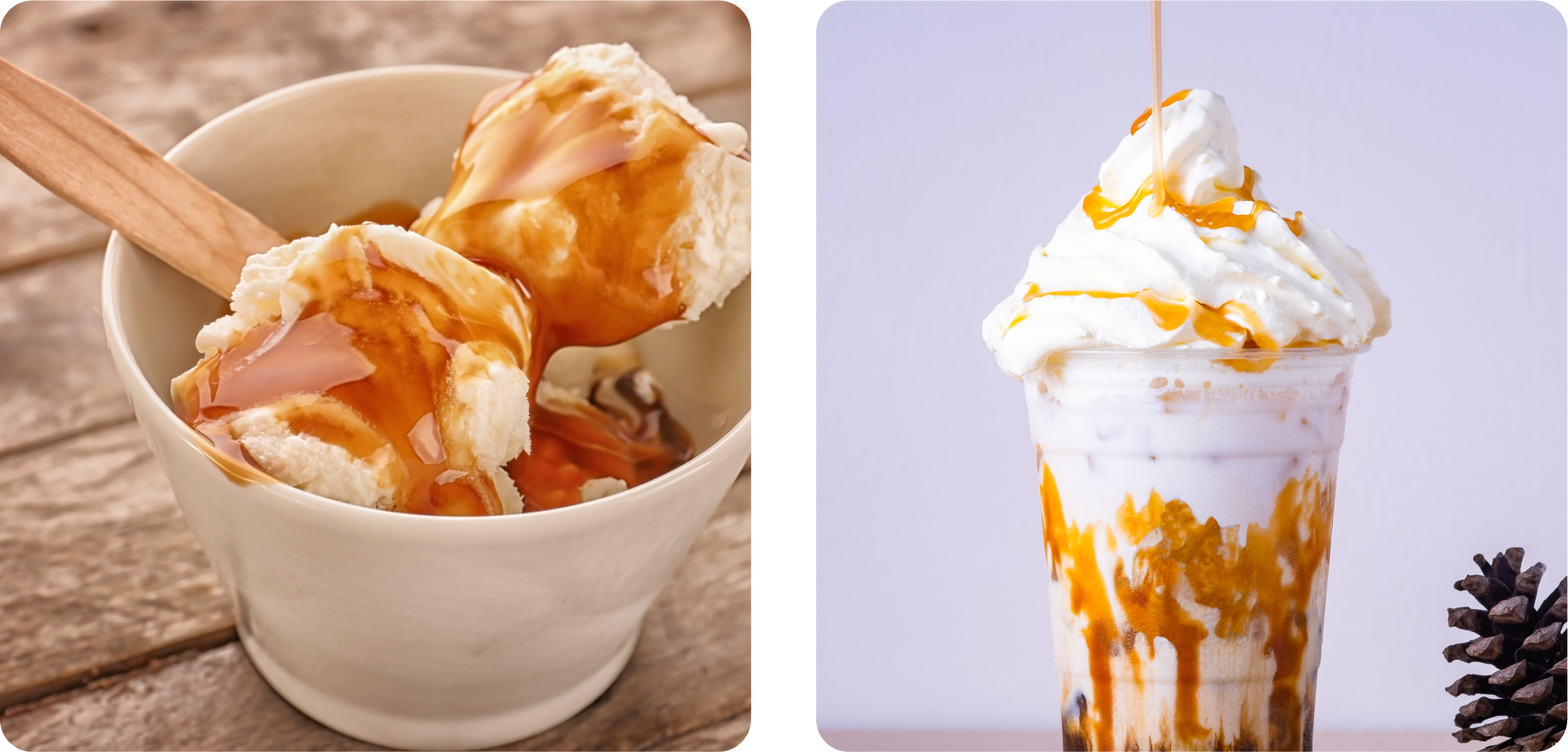 さつまいもシラップをアイスやドリンクにかけて見栄えよく